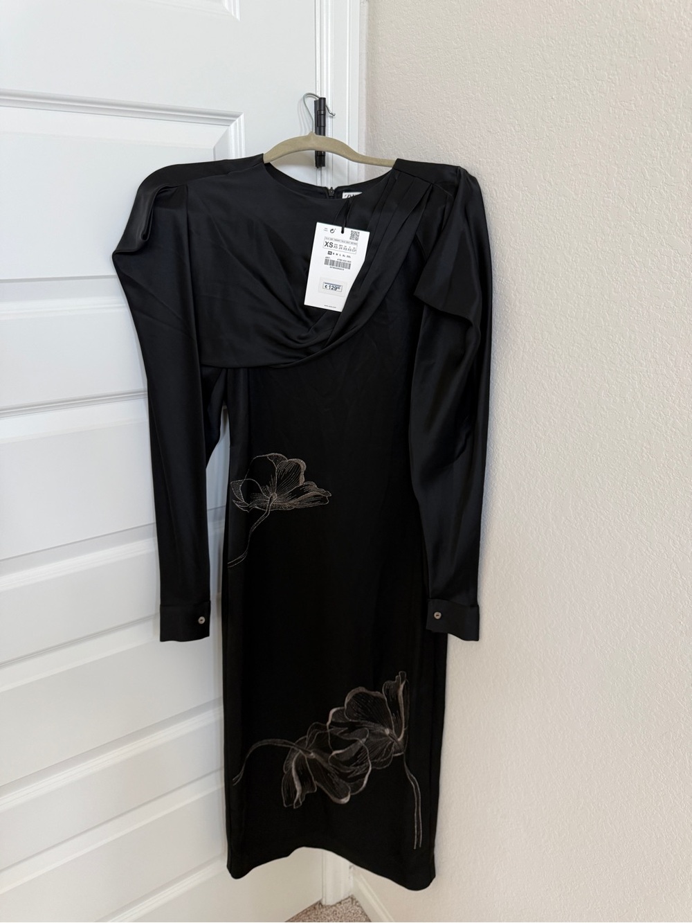 NWT Zara Black Long-Sleeve Dress with Floral Stitching